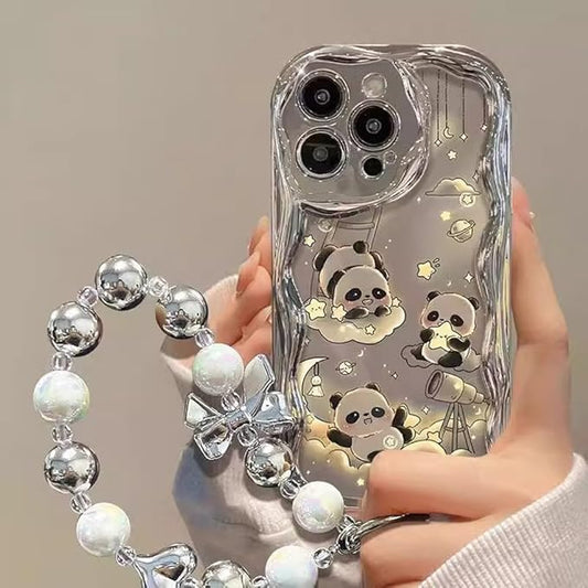 for iPhone 16 Pro Max Case for Women Girls with Bead Phone Charm Strap,3D Cute Bear Design with Curly Wave Frame,Luxury Plating Silver Soft TPU Bumper Girly Phone Case for iPhone 16 Pro Max