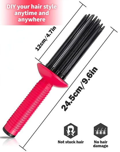 Curly Hair Styler Tool, 17 Teeth Curling Roll Comb - Rose red+Black, Hair Salon Professional Curling Brush for Home Use