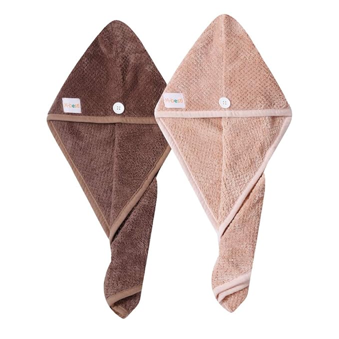 2 Pack Hair Drying Towels, Hair Wrap Towels, Absorbent Microfiber Hair Towel Turban with Button Design to Dry Hair Quickly(Coffee& Pink)