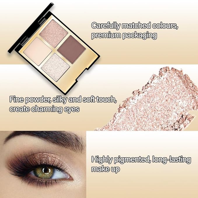 4 Colors Eyeshadow Makeup Palette,Nude Rose Gold Brown Highly Pigmented Natural Neutral Nude Eye Shadow Palette with Mirror,Long Lasting Naturing-Looking,Waterproof,Blendable,Travel Size