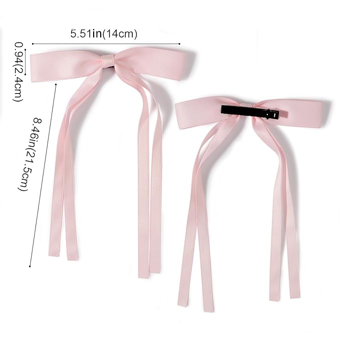 4 PCS Tassel Ribbon Bowknot Hair Clips With Long Tail for Women Girl Teens Kids, Solid Holder Fashion Bow Bowknot Hair Accessories Headwear Barrettes Claw(Pink&White)