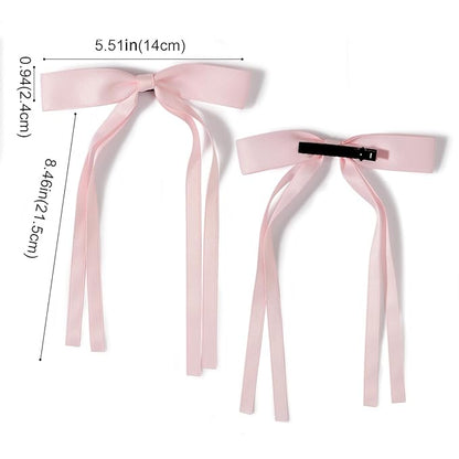 4 PCS Tassel Ribbon Bowknot Hair Clips With Long Tail for Women Girl Teens Kids, Solid Holder Fashion Bow Bowknot Hair Accessories Headwear Barrettes Claw(Pink&White)