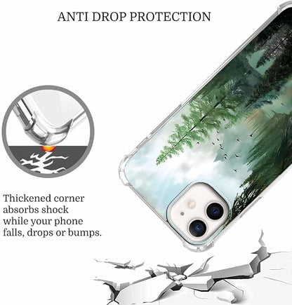 Case for iPhone 12/12 Pro with Forest Design,Mountain and Birds Beautiful Scenery Nature Pattern,Soft TPU Bumper Phone Cover(12,Wood)