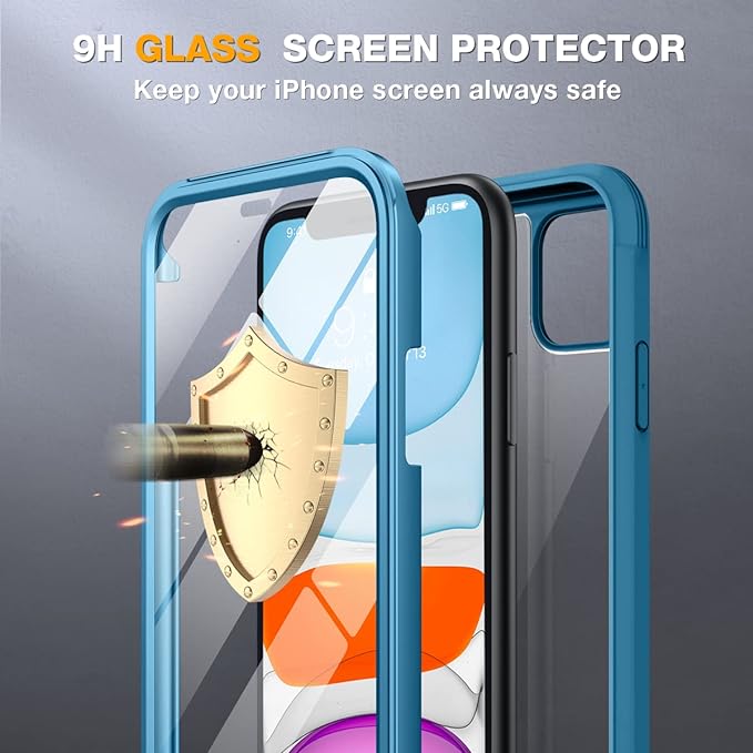 Miracase Glass Series Designed for iPhone 11 Case [2023 Upgraded] Full-Body Rugged Bumper Case with Built-in 9H Tempered Glass Screen Protector and Camera Protector (Light Blue)