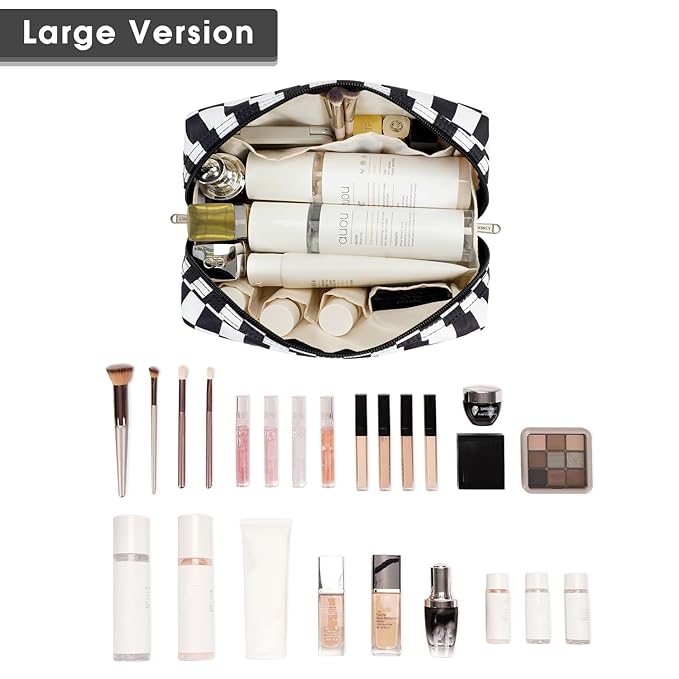 Narwey Checkered Makeup Bag Travel Cosmetic Bag Organizer Toiletry Bag Make Up Bags with Compartments for Women Girls (Large, Black Checkerboard)