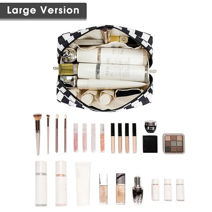 Narwey Checkered Makeup Bag Travel Cosmetic Bag Organizer Toiletry Bag Make Up Bags with Compartments for Women Girls (Large, Black Checkerboard)