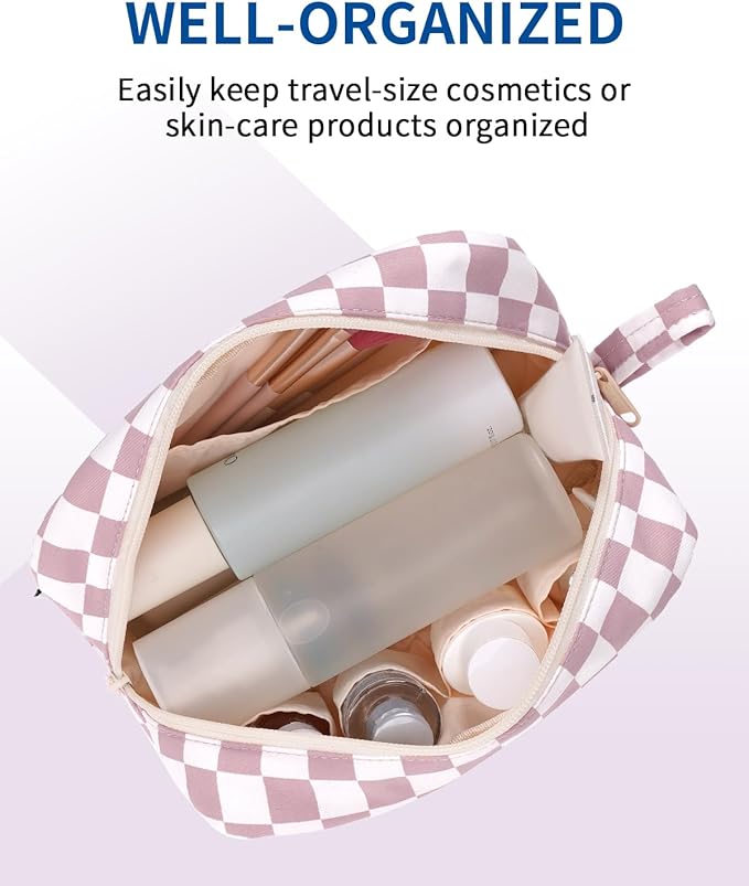 Narwey Checkered Makeup Bag Travel Cosmetic Bag Organizer Small Toiletry Bag Make Up Bags with Organized Pockets for Women (Dusty Rose Checkerboard, Large)