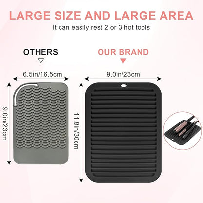 Large Silicone Heat Resistant Mat, Professional Hot Hair Tools Mat for Curling Iron, Flat Iron, Hair Straightener, Portable Hot Pad Cover with Velcro for Travel Home Salon(11.8" x 9.0")