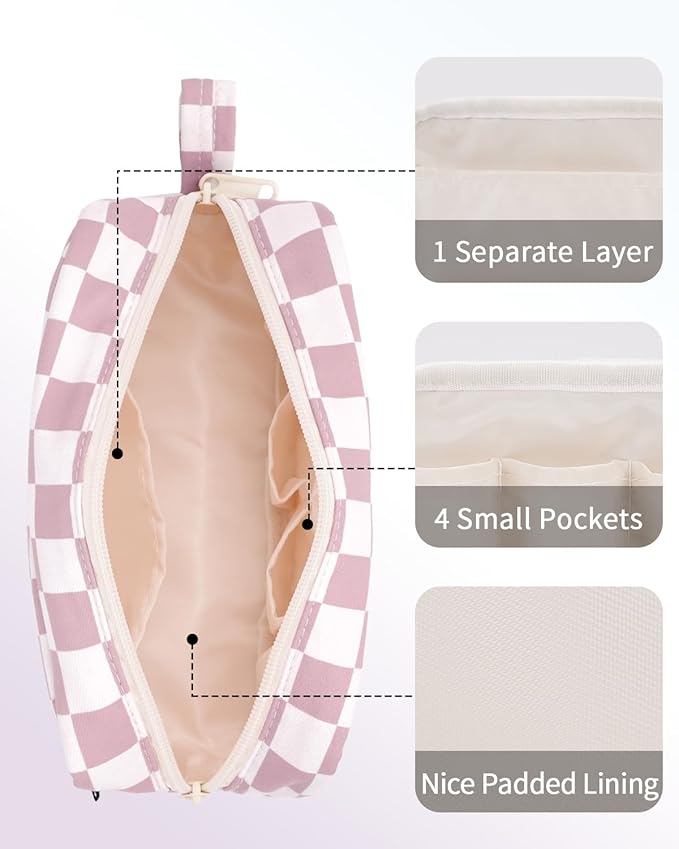 Narwey Small Cosmetic Bag, Small Makeup Bag for Purse, Travel Mini Makeup Pouch, Zipper Pouch, Cute Checkered Makeup Bag with Organized Pockets for Women (Dusty Rose Checkerboard, Small)