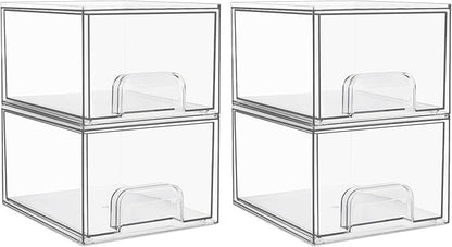 Vtopmart 4 Pack Clear Stackable Storage Drawers, 4.4'' Tall Acrylic Bathroom Makeup Organizer,Plastic Storage Bins For Vanity, Undersink, Kitchen Cabinets, Pantry, Home Organization
