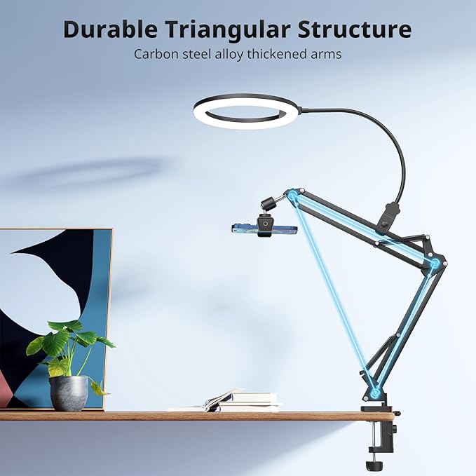 UBeesize 10" Ring Light with Overhead Phone Mount, LED Selfie Light with Stand and Phone Holder, Desk Light for iPhone, Desk Tripod for Video Recording, YouTube, TikTok, Live Stream, Cooking, Vlog