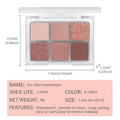 6 Colors Glitter Matte Eyeshadow Palette, Natural Nude Dark Brown Coffee Sparkly Eye Shadow Makeup, Warm Pastel Eye shadows Palette Long Lasting Waterproof Naturing-Looking Women Girls Eye Shadow 03