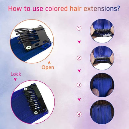 20 Packs Colored Hair Extensions 20Inch Straight Multi-Colors Party Highlights Clip In Hair Extension Synthetic Rainbow Hairpieces for Girls Kids Gift(Rose Red, Blue, Pink, Orange)