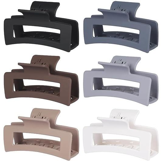 3.5 Inch Medium Hair Claw Clips 6 Pack for Women - Square Rectangle Banana Jaw Clips Accessories for Girls - Brown Grey
