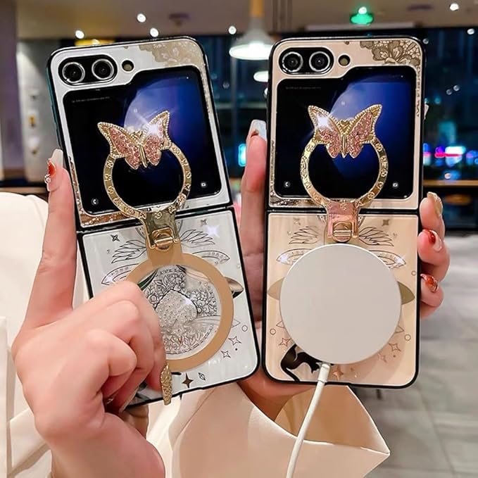 for Samsung Galaxy Z Flip 6 Case Cute Butterfly Ring Stand,Galaxy Flip 6 Case Bling Diamond Glitter Girly Heart Design,Flip 6 Phone Case Magnetic Compatible with Magsafe for Girls Women Pink