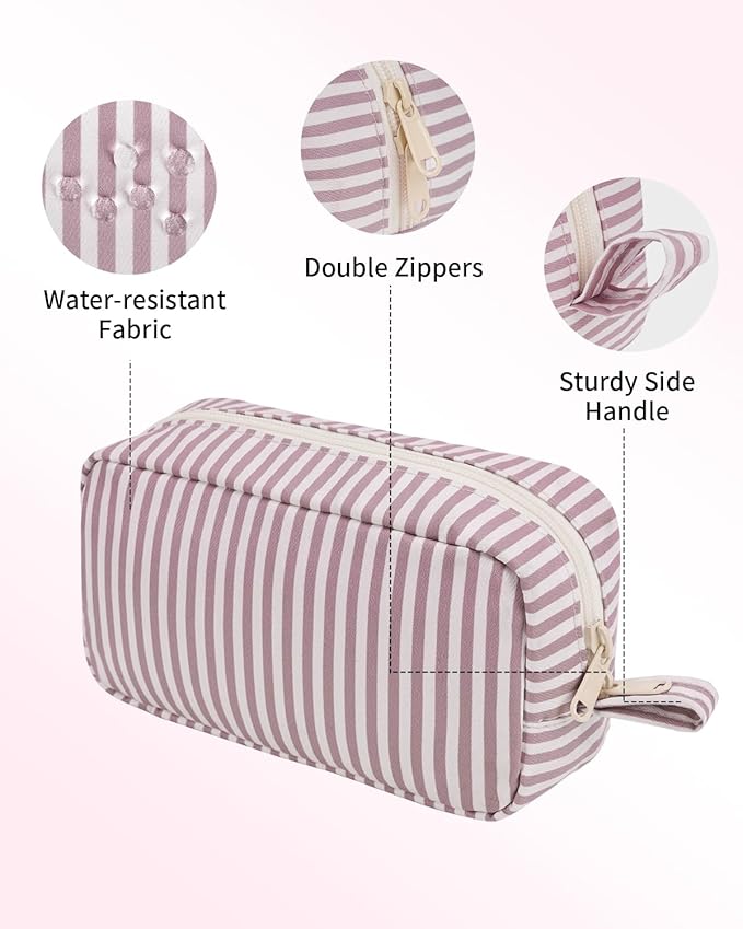 Narwey Small Makeup Bag for Purse Travel Makeup Pouch Mini Cosmetic Bag Zipper Pouch for Women (Dusty Rose Stripe, Small)