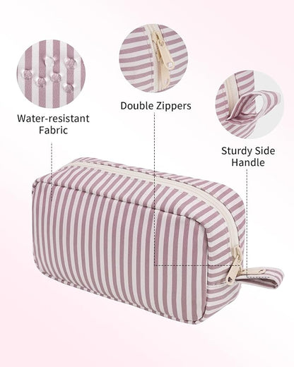 Narwey Small Makeup Bag for Purse Travel Makeup Pouch Mini Cosmetic Bag Zipper Pouch for Women (Dusty Rose Stripe, Small)