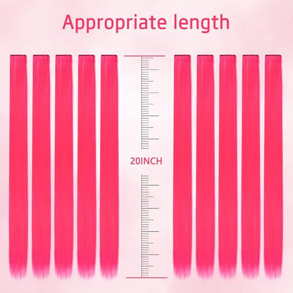 20 Inch Colored Hair Extensions Party Highlights Straight Colorful Clip In Hair Extensions Synthetic Rainbow Hairpieces for Girls Kids Gift(10Pcs Pink)