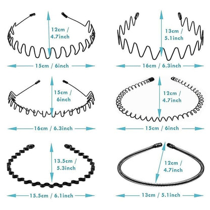 Nomakk 6 Pieces Metal Headbands Wavy Hairband Spring Hair Hoop Sports Fashion Hair Bands Unisex Black Elastic Non Slip Simple Headwear Accessories