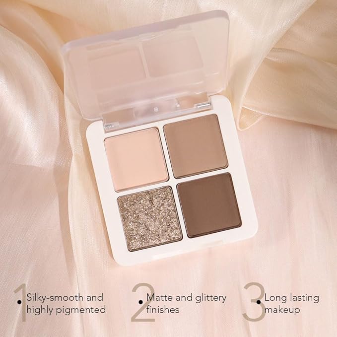 Shimmer Matte Eyeshadow Quad Makeup Palette, Dark Brown Champagne Light Brown Nude Eyeshadow Palette, Blendable Matte Glitter Eyes, Long-Lasting Waterproof, Create Your Everyday Eye Look, 2# Coffee