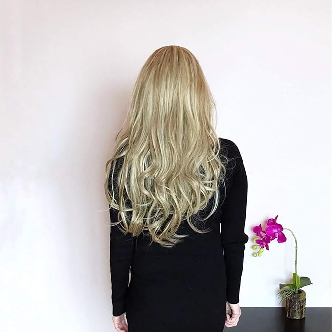 24" Long Straight Wavy Clip in Half Head Tied Wig Blonde Synthetic Hair Extensions For Women 210g 8-22#