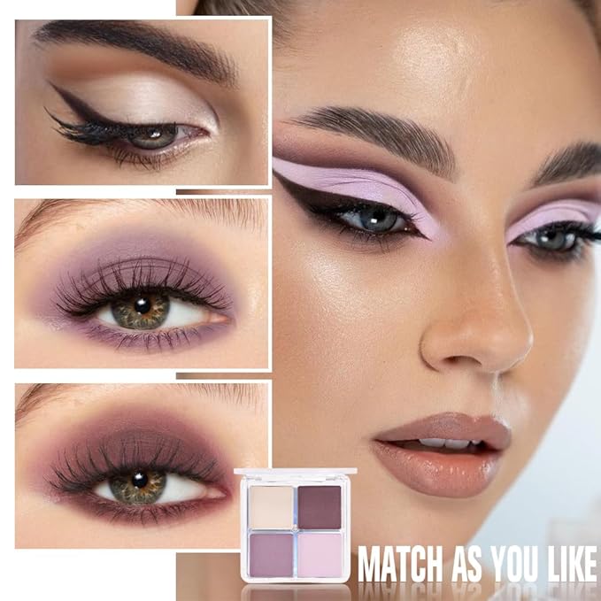 4 Colors Dark Pink Purple Brown Beige Eye Shadow Powder Palette Makeup, Neutral Matte Cream Shimmer Quads Eyeshadow Palette for Women Highly Pigmented Waterproof, paleta de sombras de ojos, Vegan 02