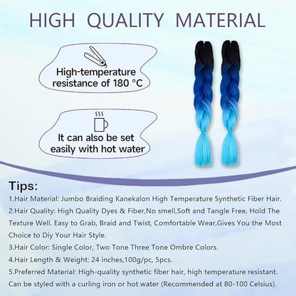 Ombre Braiding hair synthetic Crochet braids twist 24inch 5pcs/lot 100g Ombre two three tone Jumbo braid hair extensions Dreadlocks (black-blue-azure)