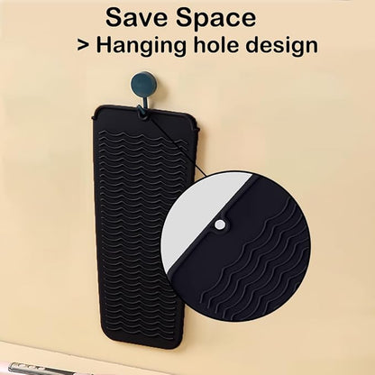 Heat Resistant Silicone Mat with Hanging Hole, Straightener Heat Resistant Travel Mat & Pouch for Curling Iron, Flat Iron and Other Hot Hair Styling Tools, 11 x 5 in, Black