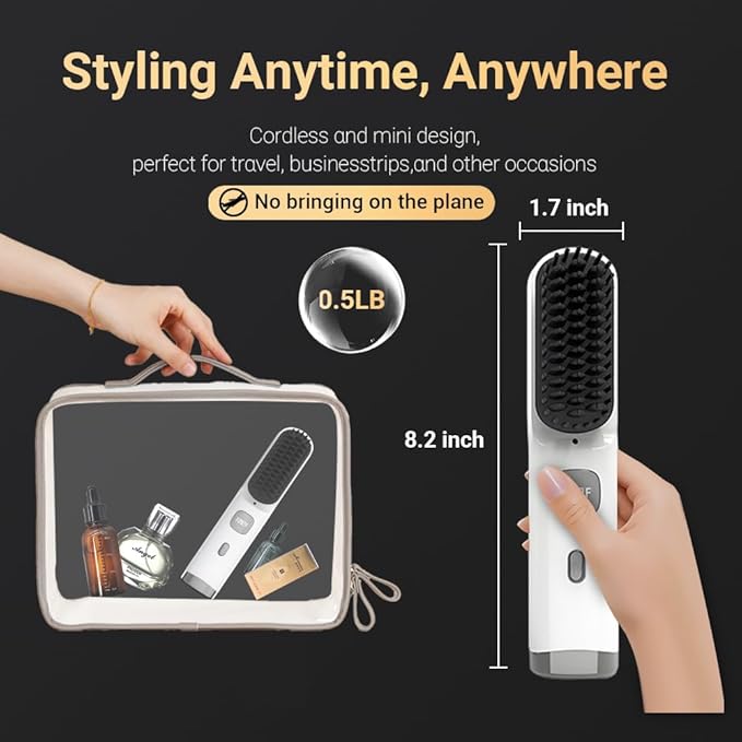 Cordless Hair Straightener Brush Portable on The go Comb for Travel 30s Fast Heating USB Rechargeable Dual Power Supply LCD Display with Pouch (White)