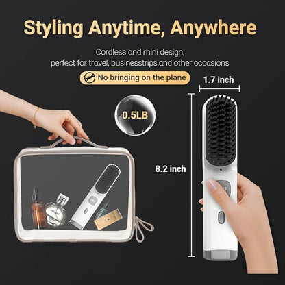 Cordless Hair Straightener Brush Portable on The go Comb for Travel 30s Fast Heating USB Rechargeable Dual Power Supply LCD Display with Pouch (White)