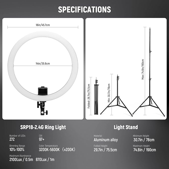 NEEWER Advanced 18" LED Ring Light with Tripod Stand Phone Holder for iPhone Samsung Android Phones for Makeup YouTube Video Blogger Salon (Black)