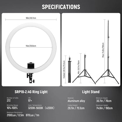 NEEWER Advanced 18" LED Ring Light with Tripod Stand Phone Holder for iPhone Samsung Android Phones for Makeup YouTube Video Blogger Salon (Black)