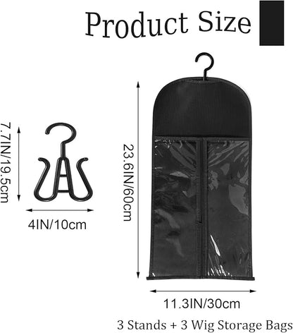3PCS Wig Hanger and Hair Extension Holder for Multiple Wigs - Dust-proof Storage Bags With Hook for Accessories (Black)