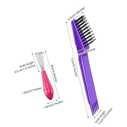 Boao 2 Pieces Hair Brush Cleaning Tool Comb Set Mini Hair Brush Dirt Remover with Metal Wire Rake for Removing Hair Dust Home and Salon Use(Pink and Purple)