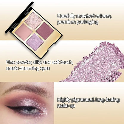 Eyeshadow Quad Makeup Palette – 4 Shades of Nude, Pink, Purple, Champagne Gold Tones, Blendable Matte & Shimmer, Long-Lasting Waterproof, Perfect for Mature & Young Women, with Built-In Mirror 03#