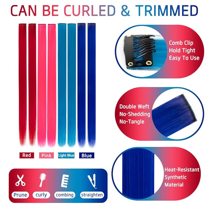 20 Packs Colored Hair Extensions 20Inch Straight Multi-Colors Party Highlights Clip In Hair Extension Synthetic Rainbow Hairpieces for Girls Kids Gift(Blue, Navy Blue, Red, Pink)