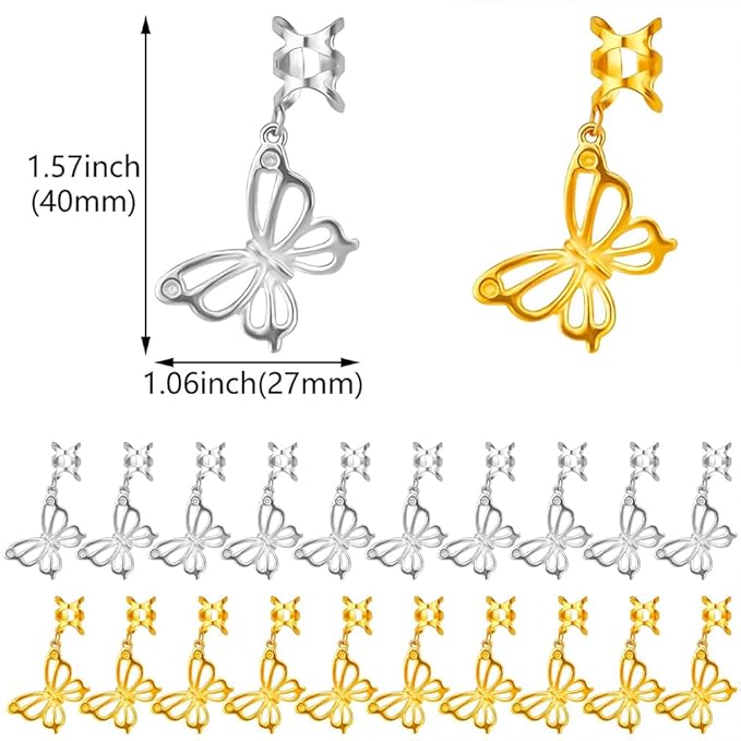 20 Pcs Butterfly Hair Braids Dreadlock Clips, Hollow Metals Cuffs Clip Hair Accessories Styling Fashion Toos for Women Men (Gold Sliver)