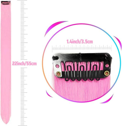 Ozzwolle 12 PCS Pink Hair Extensions Clip in, Party Highlights Clip in Hair Extensions 22 Inch Long Straight Hairpieces for Girls Kids Women Favor Gifts (Pink)