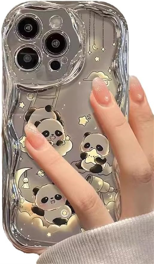 for iPhone 16 Pro Max Case for Women Girls with Bead Phone Charm Strap,3D Cute Bear Design with Curly Wave Frame,Luxury Plating Silver Soft TPU Bumper Girly Phone Case for iPhone 16 Pro Max