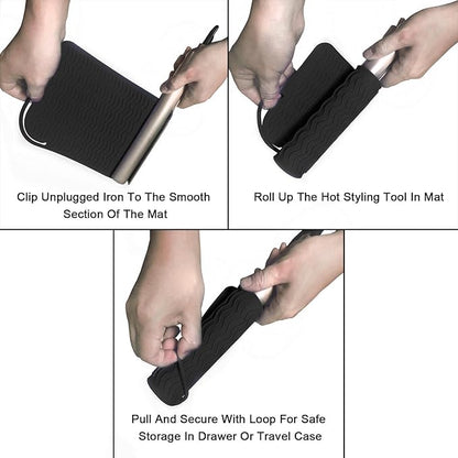 11" X 7.5" 5.6 oz Large Heat Resistant Silicone Travel Salon Hair Styling Tools Cooling Mat, Anti-Heat Pad Cover for Hair Straightener, Curling Iron, Flat Iron, Hair Dryer Curler Mat - Black