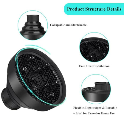 Black Universal Collapsible Hair Dryer Diffuser Attachment- Salon Grade Styling Tools and Appliances, Lightweight Foldable Portable Travel Folding Design Fit Most of Blow Dryers for Personal Care