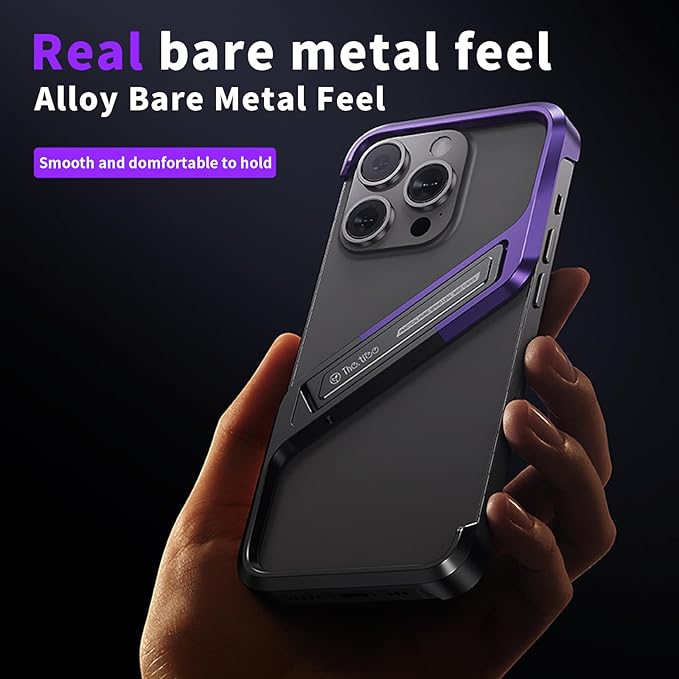 Lightweight Aluminum Alloy Shockproof Frame Case for iPhone 15 Pro Max Metal Bumper Cover with Hidden Stand (Purple)