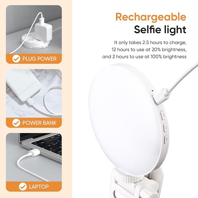 Selfie Light, Clip on Light [Rechargeable], 360°+90° Adjustable 12 Level Brightness Fashionable Portable Phone Selfie Light for Phone, Laptop, Tablet, YouTube, Video Conference, Live Streaming