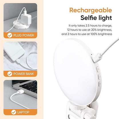Selfie Light, Clip on Light [Rechargeable], 360°+90° Adjustable 12 Level Brightness Fashionable Portable Phone Selfie Light for Phone, Laptop, Tablet, YouTube, Video Conference, Live Streaming