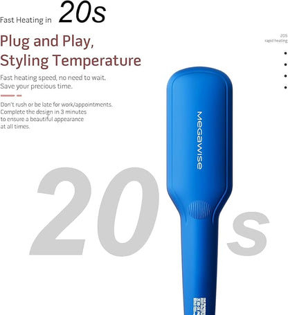 MEGAWISE Pro Ceramic Ionic Hair Straightener Brush for Home Salon, Straightening Hair Brush with 20s Heating Tech, Auto-Off, Anti-Scald with Universal Dual Voltage,Rotatable Power Cord, Gentian Blue