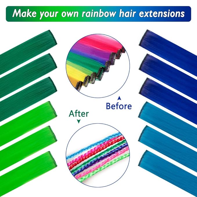 24 Packs Colored Hair Extensions 20Inch Straight Multi-Colors Party Highlights Clip In Hair Extension Synthetic Rainbow Hairpieces for Girls Kids Gift(Blue, Dark Blue, Green, Grass Green)