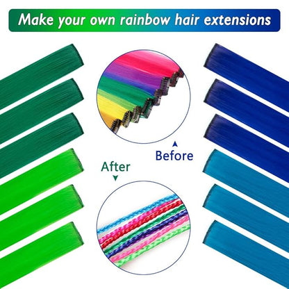 24 Packs Colored Hair Extensions 20Inch Straight Multi-Colors Party Highlights Clip In Hair Extension Synthetic Rainbow Hairpieces for Girls Kids Gift(Blue, Dark Blue, Green, Grass Green)