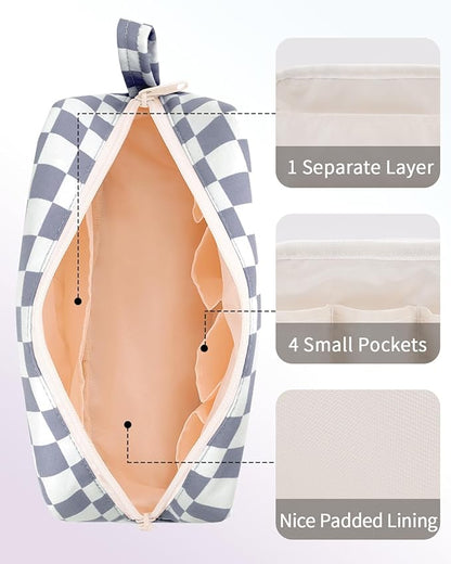 Narwey Checkered Makeup Bag Travel Cosmetic Bag Organizer Small Toiletry Bag Make Up Bags with Organzied Pockets for Women (Grayish Blue Checkerboard, Large)