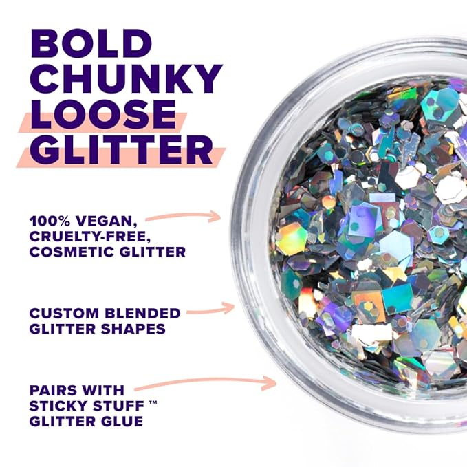 Unicorn Snot Macro Glitter - Face & Body - Cosmetic Grade Large-Particle Loose Glitter - Perfect Make-up for Festivals, Raves - Safe for Face, Easy Application & Removal - Silver (Lunar)