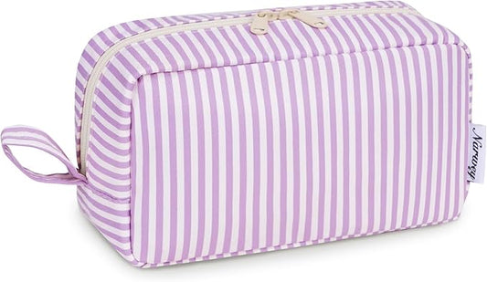 Narwey Cute Makeup Bag Small Toiletry Bag Travel Cosmetic Bag Organizer Make Up Bags with Organized Pockets for Women (Purple Stripe, Large)